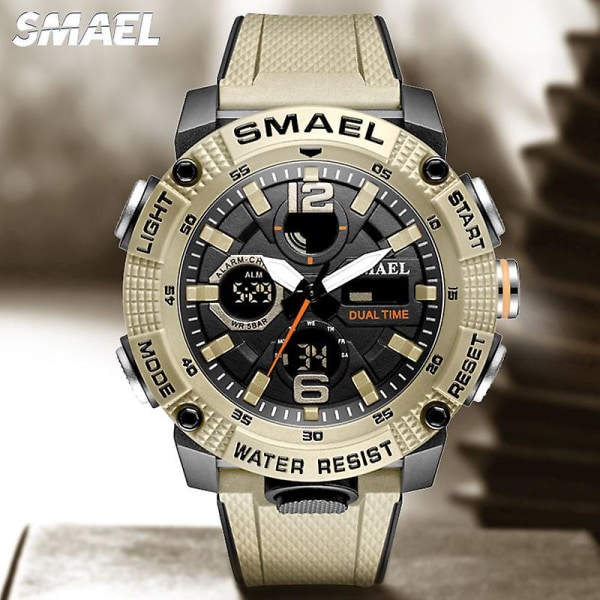 Smael Dual Time Led Display Digital watch För män Vattentät Simning Quartz Sportklockor Auto Date Alarm Clock Armbandsur 8039 Khaki-Box