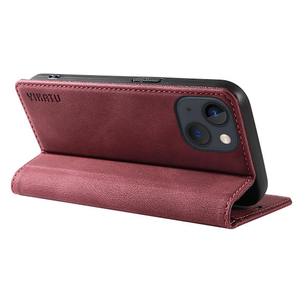 Skin-touch case för Iphone 15 Plus Pu läder plånboksställ Cover Wine Red