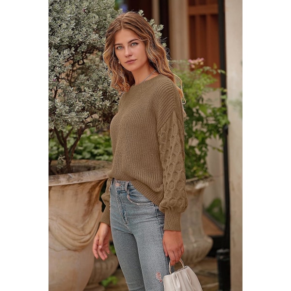 Dame 2023 Vinter Pullover Sweater Afslappet Langærmet Rund Hals Løs Tyk Strikket Jumper Toppe Bluse Khaki Medium