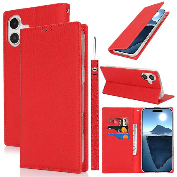 Læder Wallet Case til iPhone 16 Plus med Litchi Tekstur Multicolor Style E