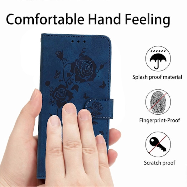 Plånboksfodral för iPhone 14 Rosmönster Präglat Läder Flip Ställ Telefonskal Multicolor Dark Blue