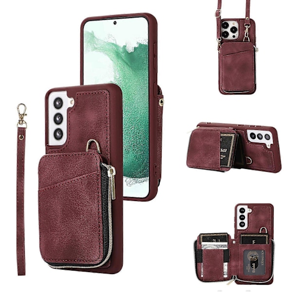 Wallet Telefon Cover til Samsung Galaxy S22 5G, Lynlås Design Cover Støtteben PU Læder+TPU Skal Multicolor Style F