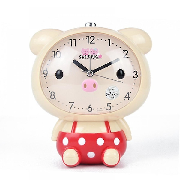 Vekkerklokker for soverom, tegneserie vekkerklokke Piggy Pig Clock nattlys, studenters barneroms dekorasjon skrivebordsklokke (beige)