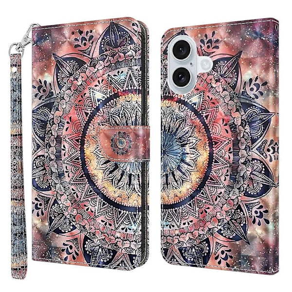 Skal till iPhone 16 Plus med Ställ, Mönstertryck, Läderfodral - Stående Katt Multicolor Color Mandala