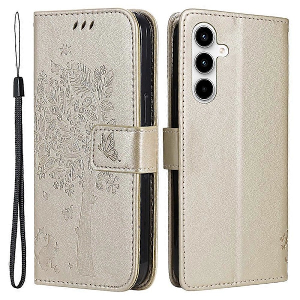 KT Imprinting Flower Series-3 til Samsung Galaxy A35 5G Cover Præget Katte Træ Læder Telefon Cover Multicolor Gold