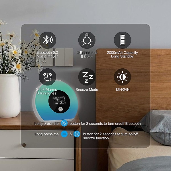 Väckarklocka med Bluetooth högtalare, nattlampa för barn, 4 nivåers ljusstyrka och färgstarkt ljus, digital väckarklocka för barn, tonåring, sovrum