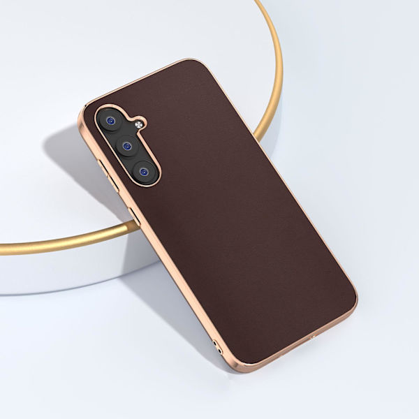 For Samsung Galaxy S23 Fe Nappa Tekstur Elektroplettering Telefondeksel Lærbelagt PC+TPU Bakdeksel Coffee