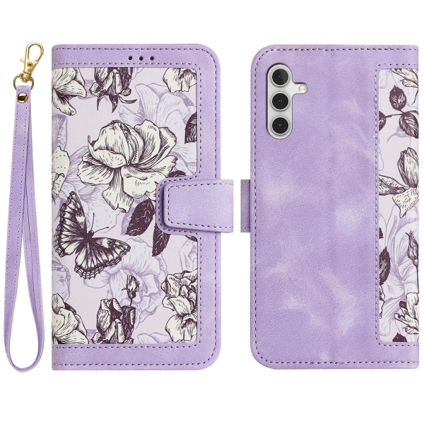 För Samsung Galaxy A34 5g phone case Blommönster Cover Läderfodral med kortplatser Light Purple