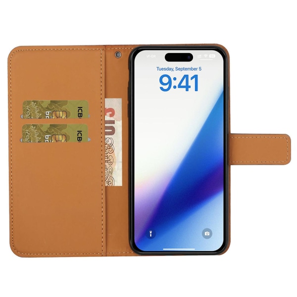 Læder Wallet Case til iPhone 15 Pro, Præget Blomster Folio Flip Stand Telefon Cover Brown