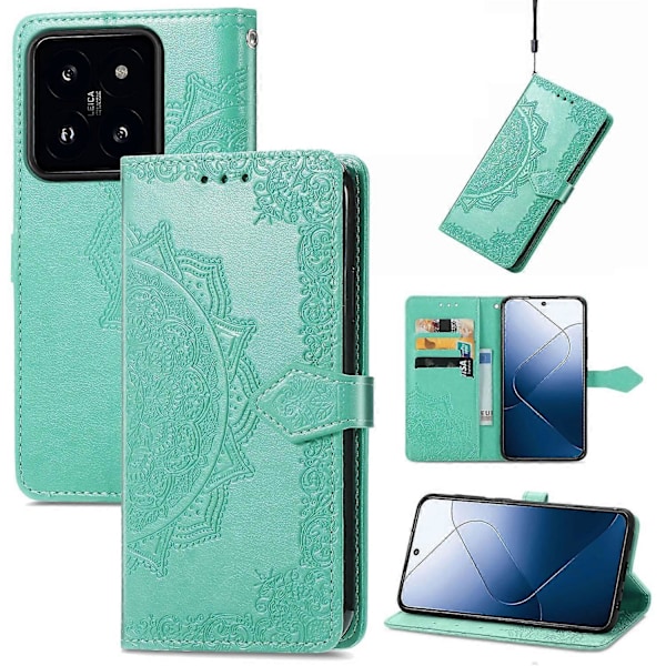 Til Xiaomi 14T Pro Etui Mandala Præget Design Læder Wallet Telefon Cover - Grå Multicolor Green