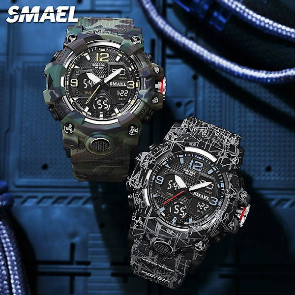Smael Dual Time Watch För män Mode Vattentät Quart Digital Armbandsur Väckarklocka Led Bakgrundsbelysning Kalenderklockor 8008 Camo Black