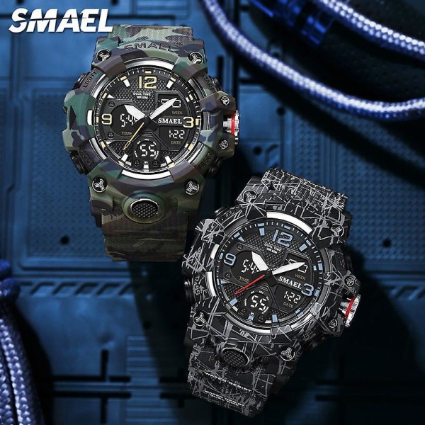 Smael Dual Time Watch För män Mode Vattentät Quart Digital Armbandsur Väckarklocka Led Bakgrundsbelysning Kalenderklockor 8008 Camo Black-Box