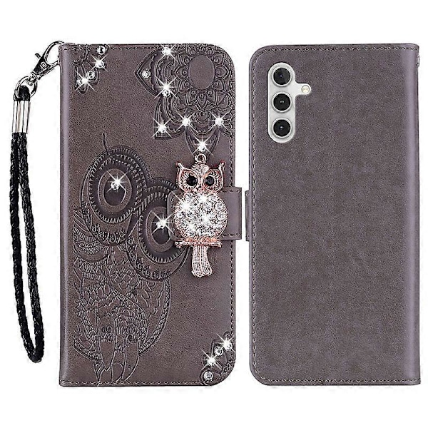 Til Samsung Galaxy S23 FE Cover Ugle Blomst Præget Rhinestone Læder Telefon Stand Cover Multicolor Style F