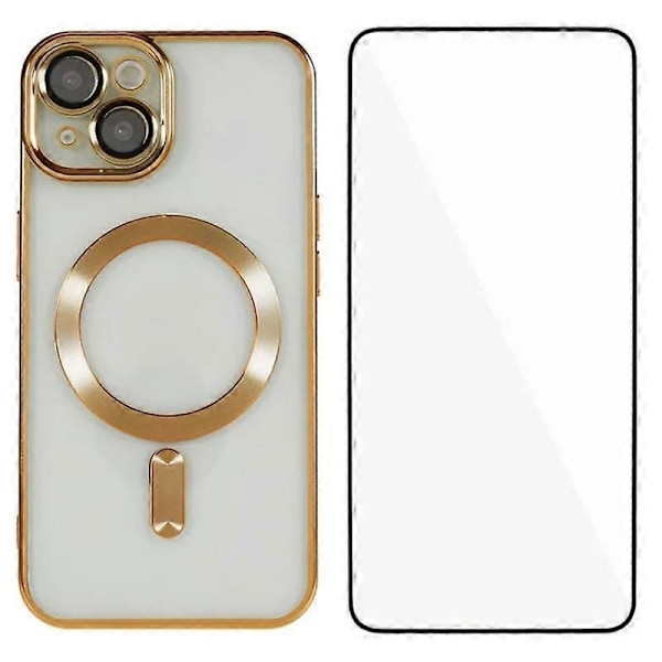 Magnetiskt skal för iPhone 15 Plus WANLONFENG Fullständigt skydd Elektropläterat TPU-skal med härdat glas Multicolor Gold