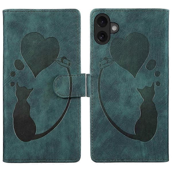 For iPhone 16 Plus Deksel Hjerte Katt Sammenleggbart Stativ PU Lær Telefondeksel- Multicolor Green