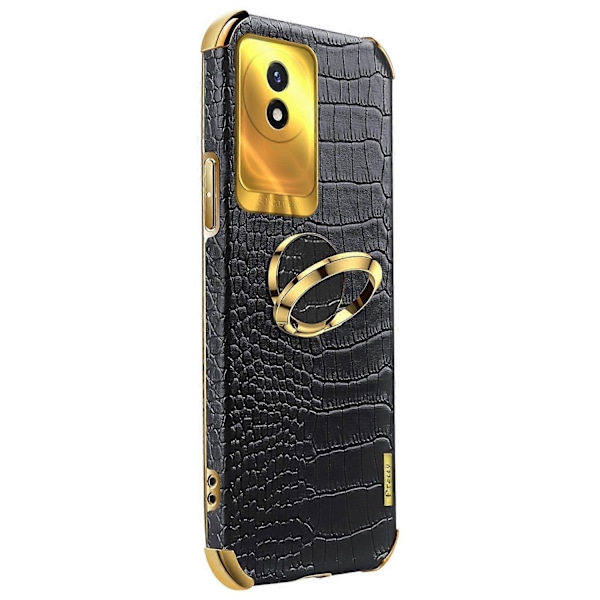 För vivo Y02 4G Läderbelagt TPU Telefonfodral Ringstativ 6D Elektropläterat Bakstycke Multicolor Style A