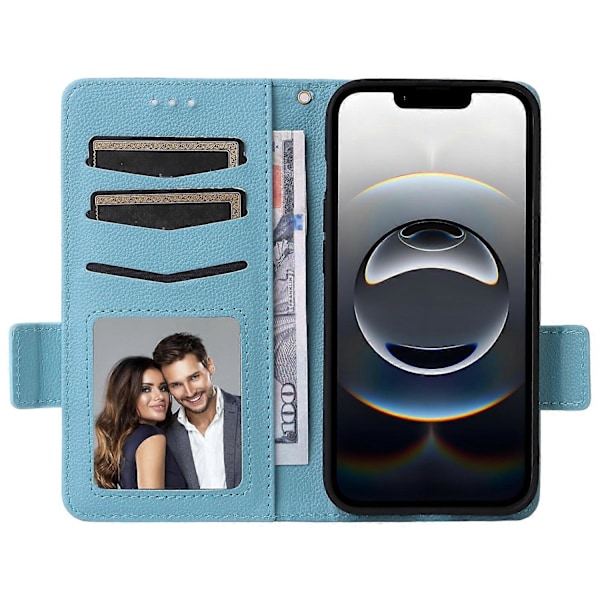 Etui til iPhone 16e med håndledsrem, litchi-tekstur, PU-læder, tegnebog, telefoncover Multicolor Baby Blue