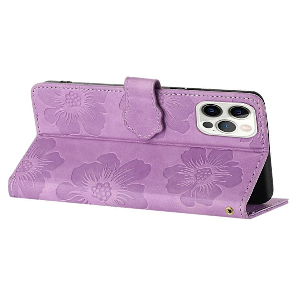 Til iPhone 12 Pro 6.1 tommer Blomster Præget PU Læder Telefon Cover Foldbart Stativ Wallet Cover Multicolor Style B