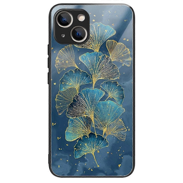 För iPhone 15 Plus Härdat Glas Skal TPU Kant Telefonskydd Multicolor Ginkgo Leaves