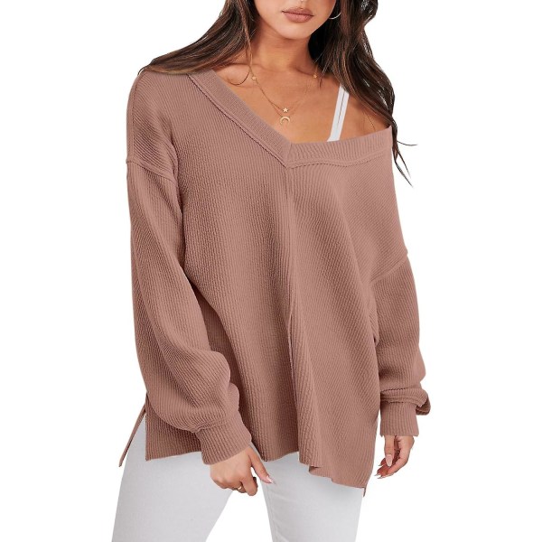 Dame Langærmet Skjorte V-hals Off Shoulder Oversized Strikket Pullover Sweatshirt Løs High Low Efterårs Tunika Toppe Deep Apricot X-Large