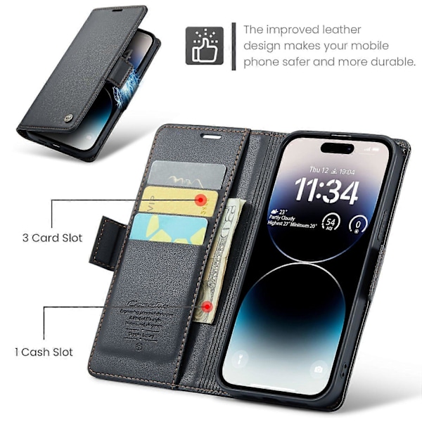 CASEME 023 Serie Til iPhone 15 Pro Max RFID Blokerende Læder Wallet Case Flip Stand Telefon Cover Multicolor Style A