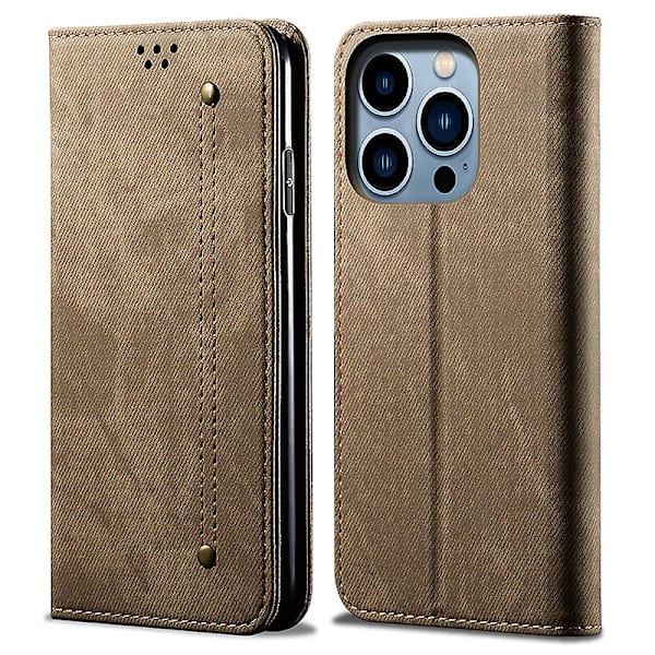För Iphone 15 Pro Pu Läder Phone case Jeans Tyg Texture Plånboksställ anti-scratch Cover Khaki