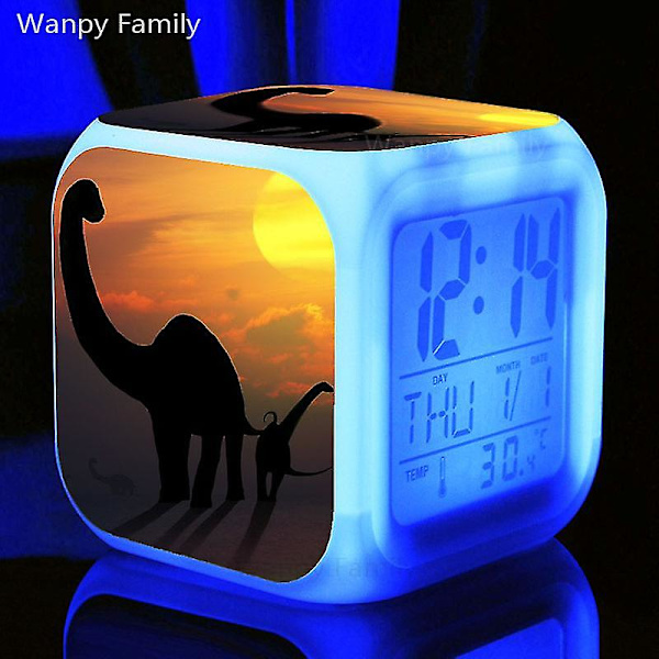 Tyrannosaurus Dinosaurie Väckarklocka 7 färgbyte Multifunktions väckningstimer Barnrum Lysande elektronisk watch Present till barn Silver