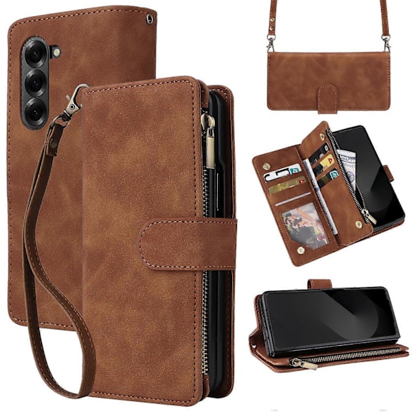 Fodral för Samsung Galaxy Z Fold6 5G med dragkedjeficka, läderfodral med axelrem Multicolor Style D