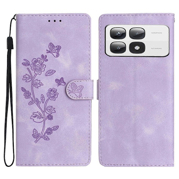 För Xiaomi 14T Pro Fodral Läder Präglat Blommigt Telefonskal Plånbok med Handledsrem Multicolor Style E