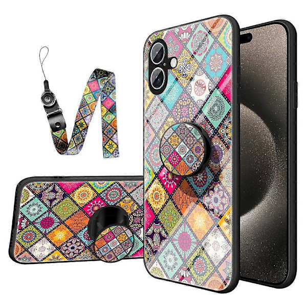 Skal till iPhone 16 Plus med Stöd Etniskt Mönster Härdat Glas Telefonskydd med Rem Multicolor Color Pattern