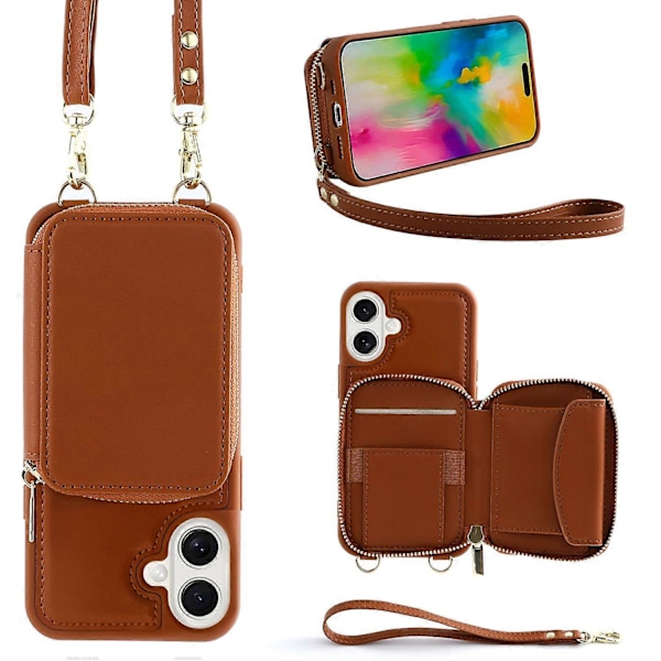 Til iPhone 16 Plus Cover RFID Blokerende Lynlås Pung Læder Telefon Cover med Stropper - Rosaguld Multicolor Brown