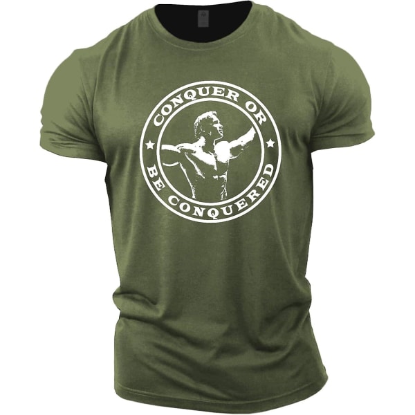Gymtier Bodybuilding T-shirt för män - Arnold Schwarzenegger Conquer - Gym Training Top Green L