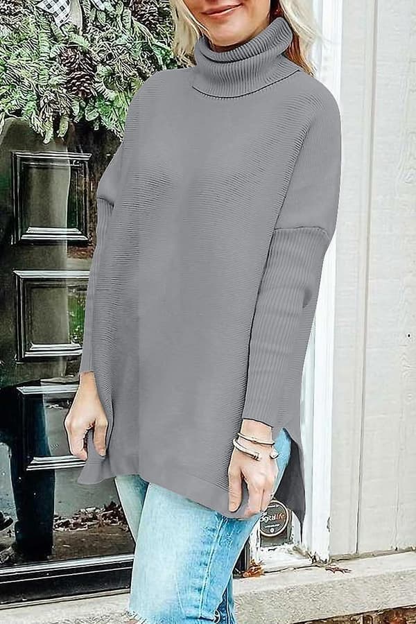 Överdimensionerade tröjor med polokrage för damer 2023 Höst Lång Fladdermusärm Tunika Pullover Tröja Stickade Toppar Light Grey Medium