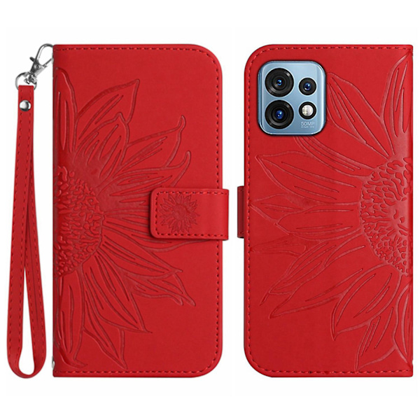 Ht04 Pudotussuojattu puhelinkotelo Motorola Edge+ (2023) / Moto X40 5G / X40 Pro 5G -puhelimille, auringonkukkakuvioitu nahkainen jalustallinen lompakkokotelo naarmuuntumista vastaan Red