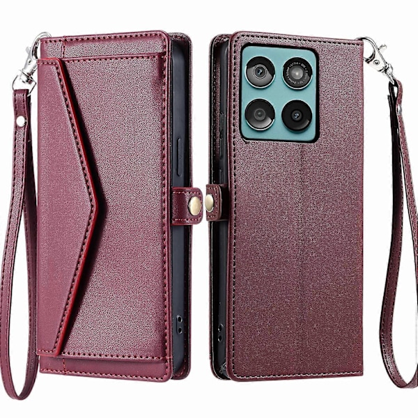 Lærveske med håndleddsstropp, lommebok og stativ til Motorola Edge 60 5G/ 60 Fusion 5G Multicolor Wine Red