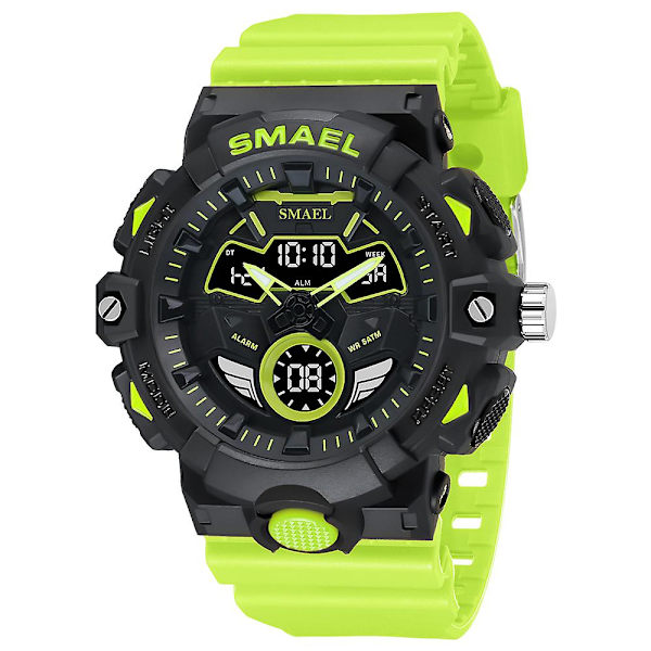 Smael Digitalt og Quartz Urværk Herre Sportsure LED Lys Multifunktionel Chrono Dato Vandtæt Analogt Elektronisk Armbåndsur Fluorescent Green