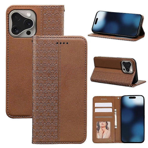 Plånboksfodral för iPhone 16 Pro Stark Magnetisk Rutmönstrad Präglad Läder Flip Cover Multicolor Brown