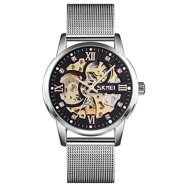Skmei 9199 Herre Automatisk Mekanisk Ur Mesh Bælte Gear Skelet Ur Silver
