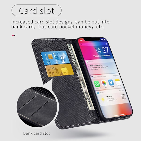För Iphone 15 Pro Pu Läder Phone case Jeans Tyg Texture Plånboksställ anti-scratch Cover Black