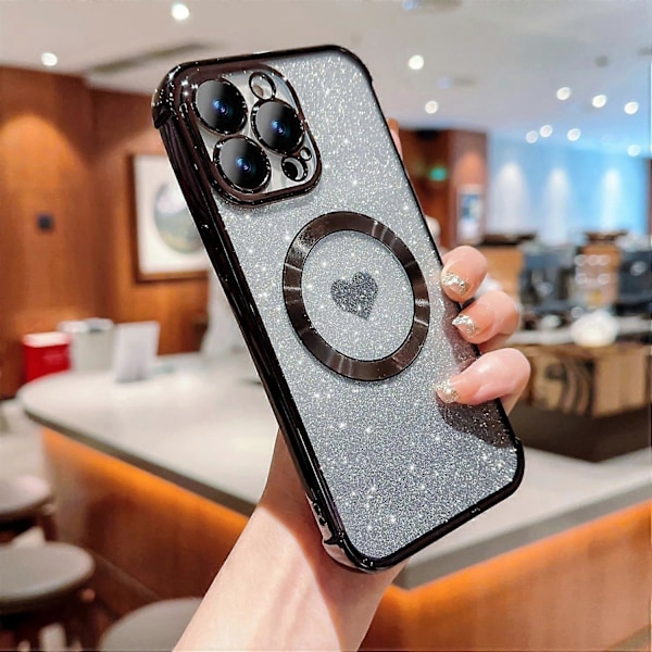 Glitterfodral för iPhone 14 Pro Kompatibelt med MagSafe TPU Telefonskal Kärlekshjärta Elektroplätering