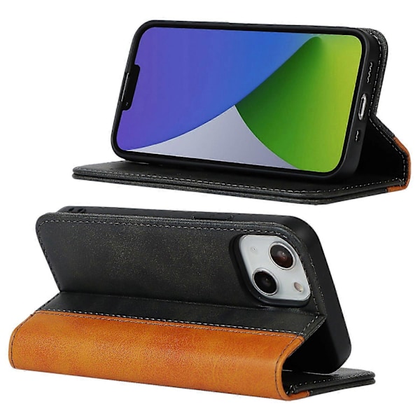 PU-skinndeksel til iPhone 15 Plus, tofarget skjøting, ripebestandig stativ lommebokdeksel Multicolor Style C