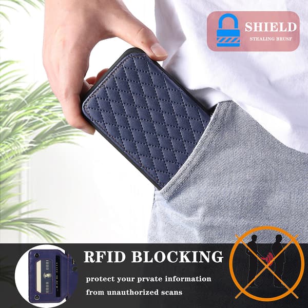 For iPhone 15 Plus RFID-blokkerende støtsikkert deksel Anti-fall PU+TPU telefondeksel med stropper Blue
