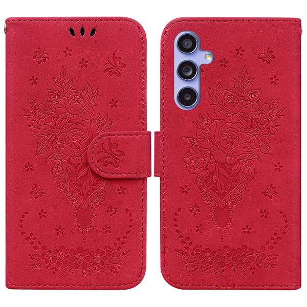Til Samsung Galaxy S23 Fe Stødsikkert Wallet Case Rose Præget Læder Stand Telefon Cover Red