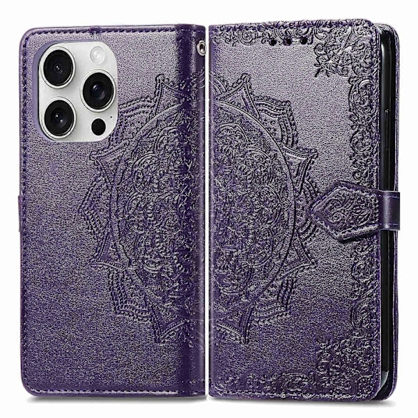 Til iPhone 16 Pro Max Wallet Case Mandala Blomst Læder Telefon Cover Stativ View-Grøn Multicolor Purple