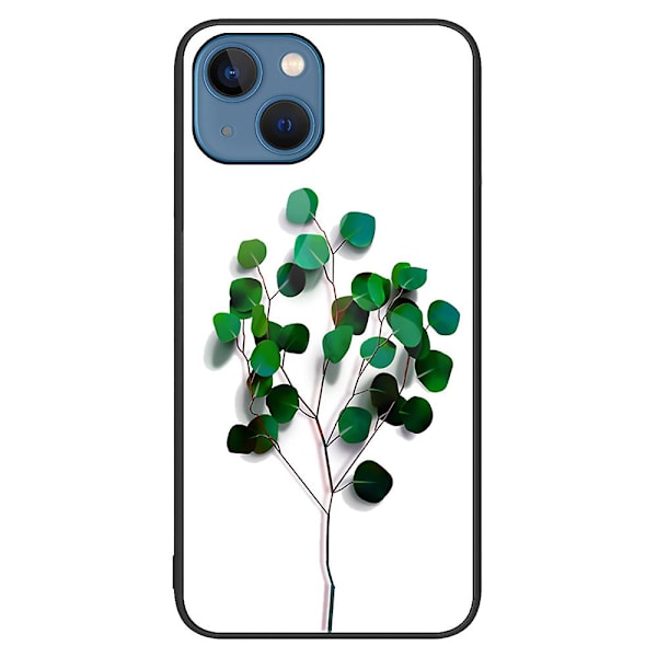 För Iphone 15 Plus Printed case härdat glas+pc+tpu Hybrid cover Green Leaves