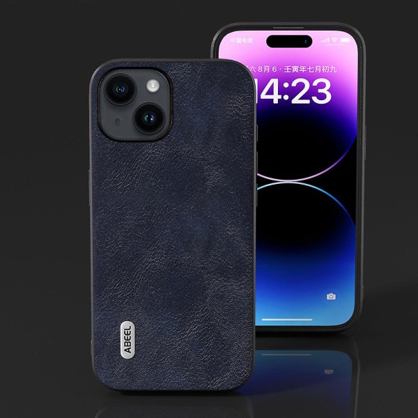 Phone case För Iphone 15, Kohud Texture Pu Läderbelagd PC + Tpu Anti-dropp cover Blue