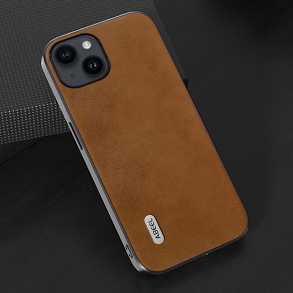 För Iphone 15 Plus case Pu-läderbelagd Tpu+pc Cowhide Texture Cover Light Brown