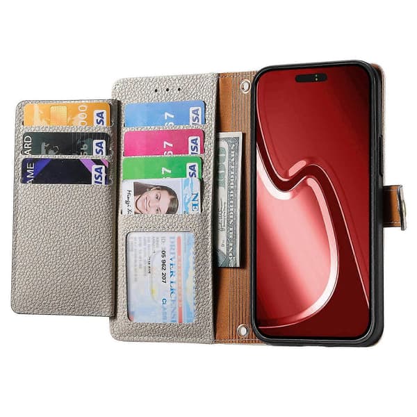 Til iPhone 16 Pro Max Etui RFID-blokerende Lynlåslomme Læderpung Telefoncover- Multicolor Grey
