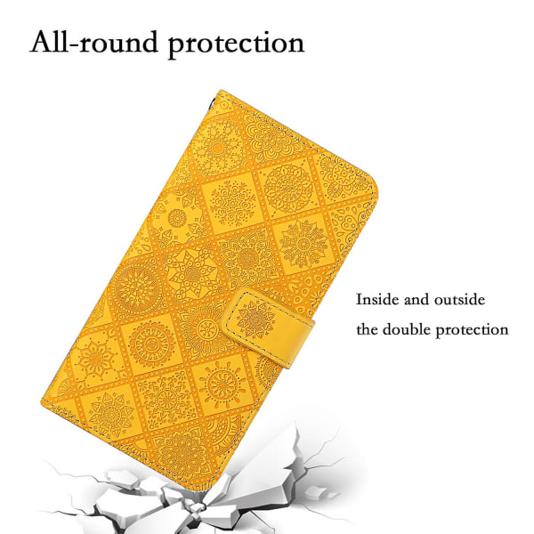 Læder Wallet Case til iPhone 15 Pro, Præget Blomster Folio Flip Stand Telefon Cover Yellow