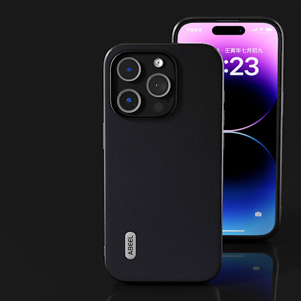 IPhone 15 Pro iskunkestävä puhelinkotelo, lehmännahkaa + PC + TPU naarmuuntumaton suojus Black